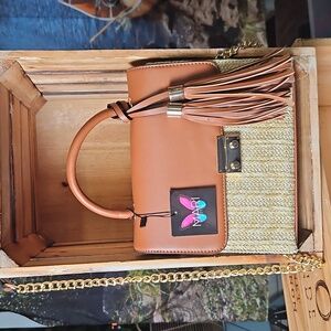 Tan and Cream Mini Bag with Gold Chain